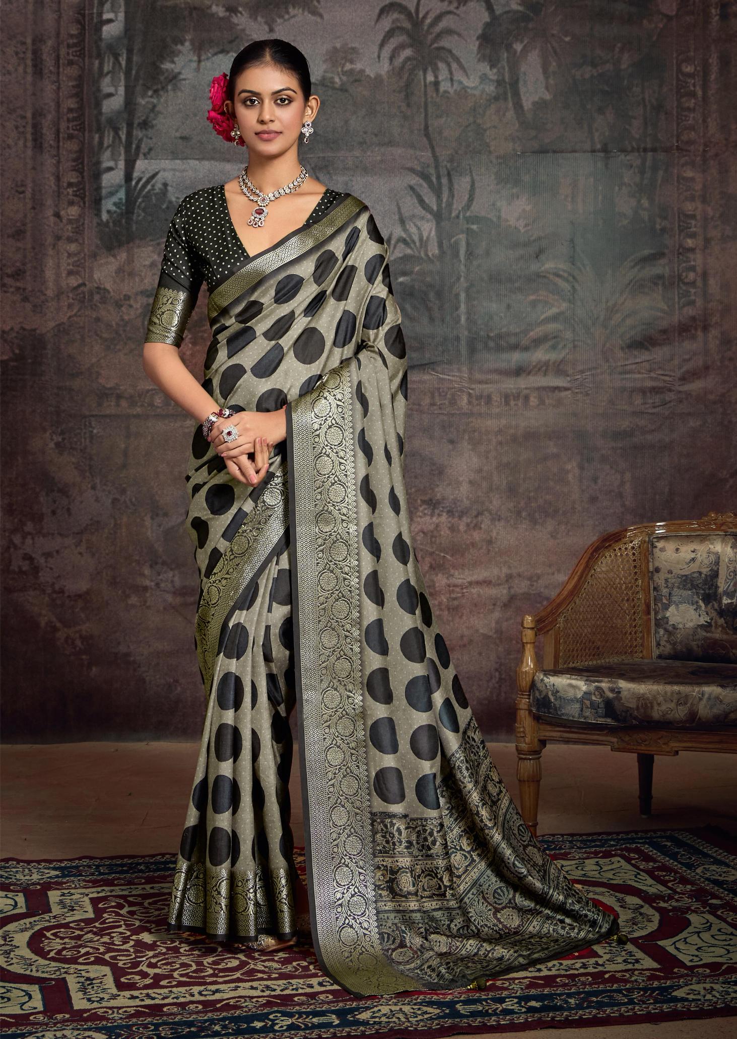 Grey Velvet Tusser Silk  Dot Print Saree-INRA1004