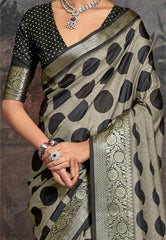 Grey Velvet Tusser Silk  Dot Print Saree