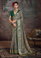 Green Velvet Tusser Silk Ajrakh Saree-INRA1005