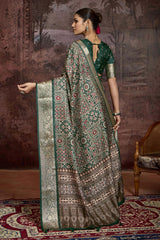 Green Velvet Tusser Silk  Ajrakh Saree