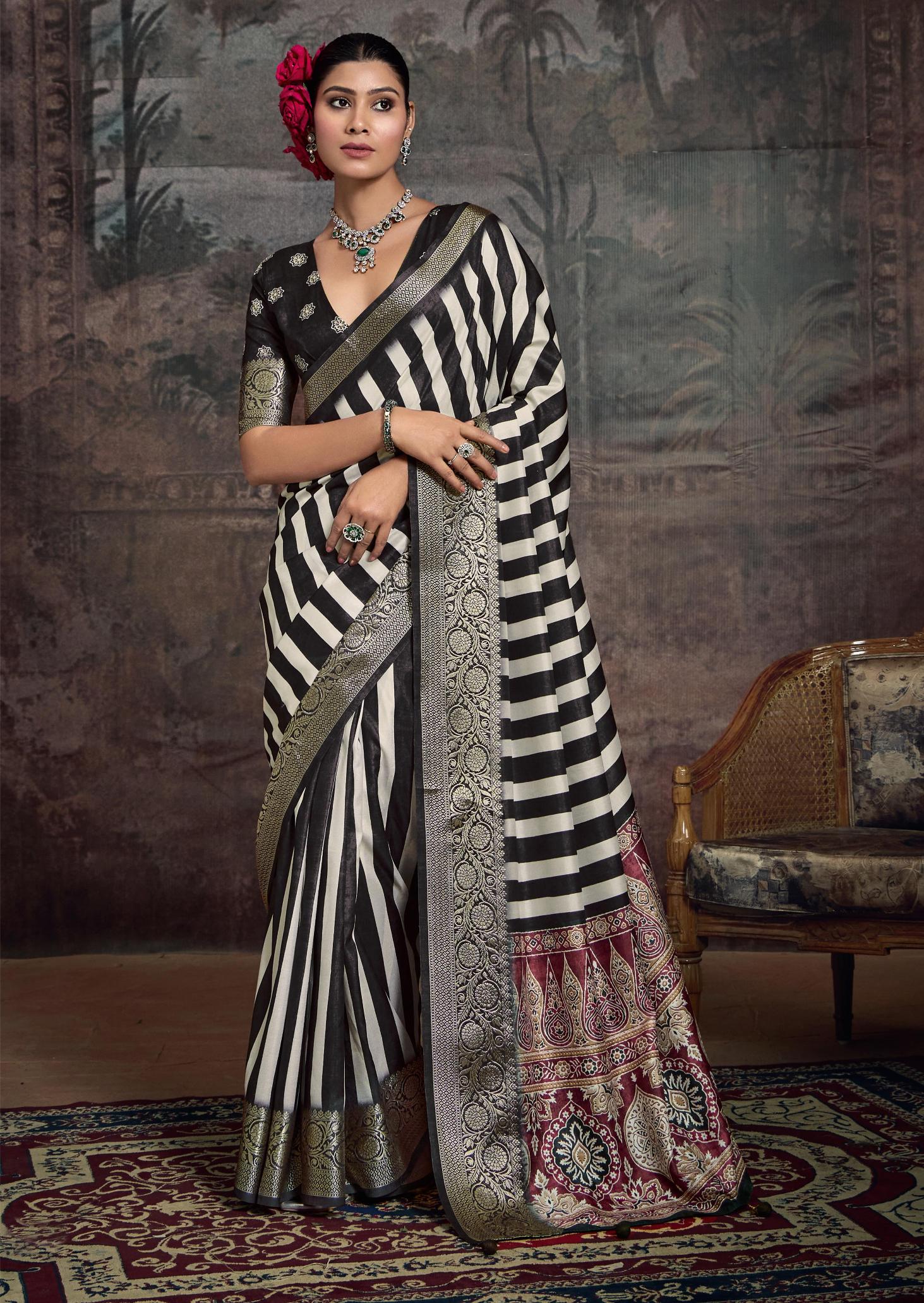 Black Velvet Tusser Silk  Leheriya Saree-INRA1007