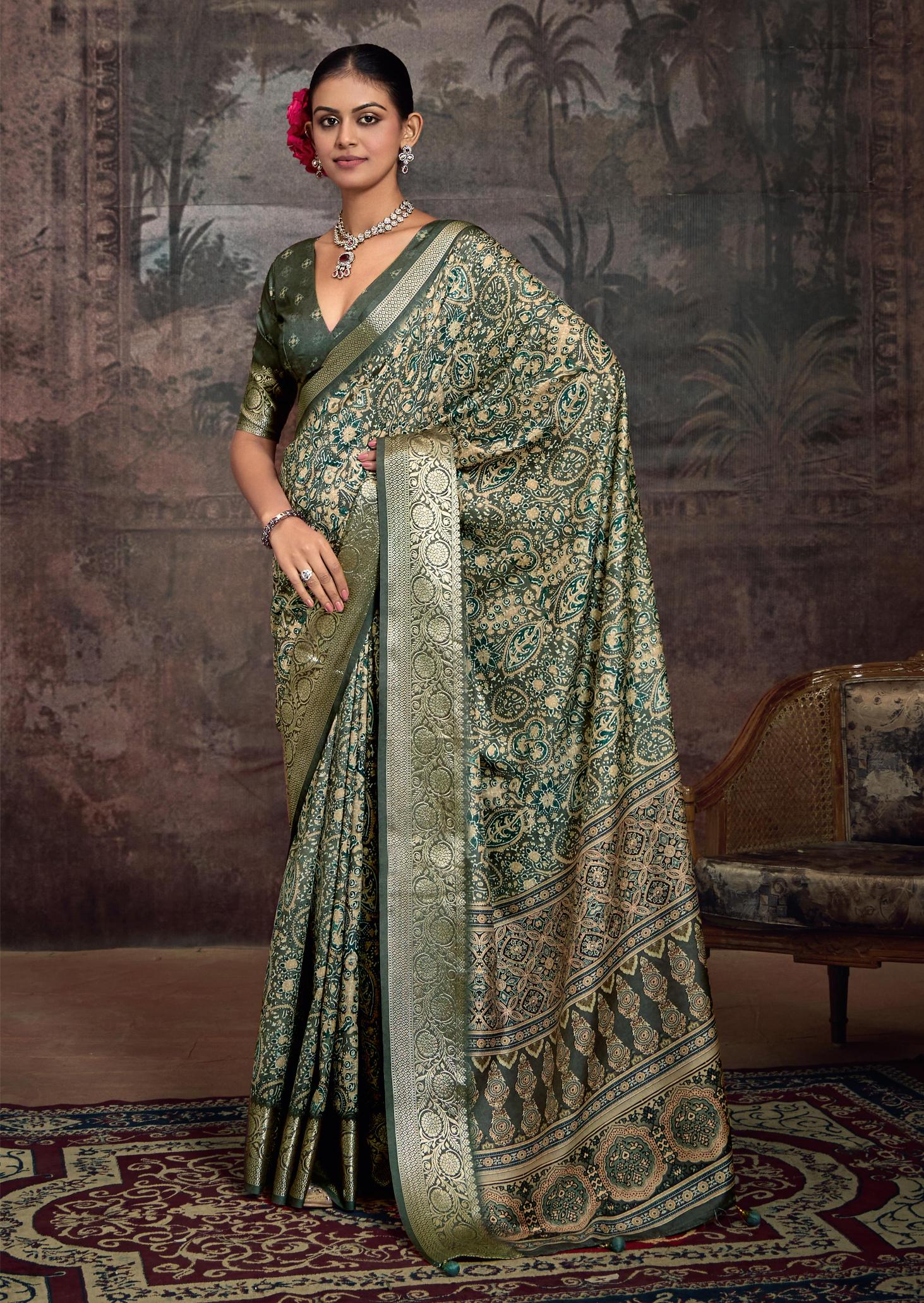 Green Velvet Tusser Silk  Ajrakh Saree-INRA1008