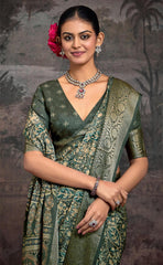 Green Velvet Tusser Silk  Ajrakh Saree