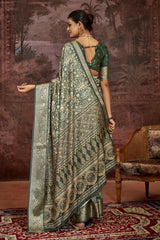 Green Velvet Tusser Silk  Ajrakh Saree