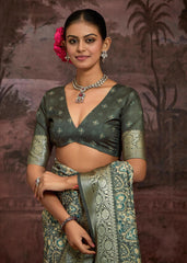 Green Velvet Tusser Silk  Ajrakh Saree