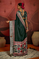 Green Velvet Tusser Silk  Ajrakh Saree