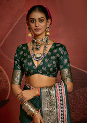 Green Velvet Tusser Silk  Ajrakh Saree