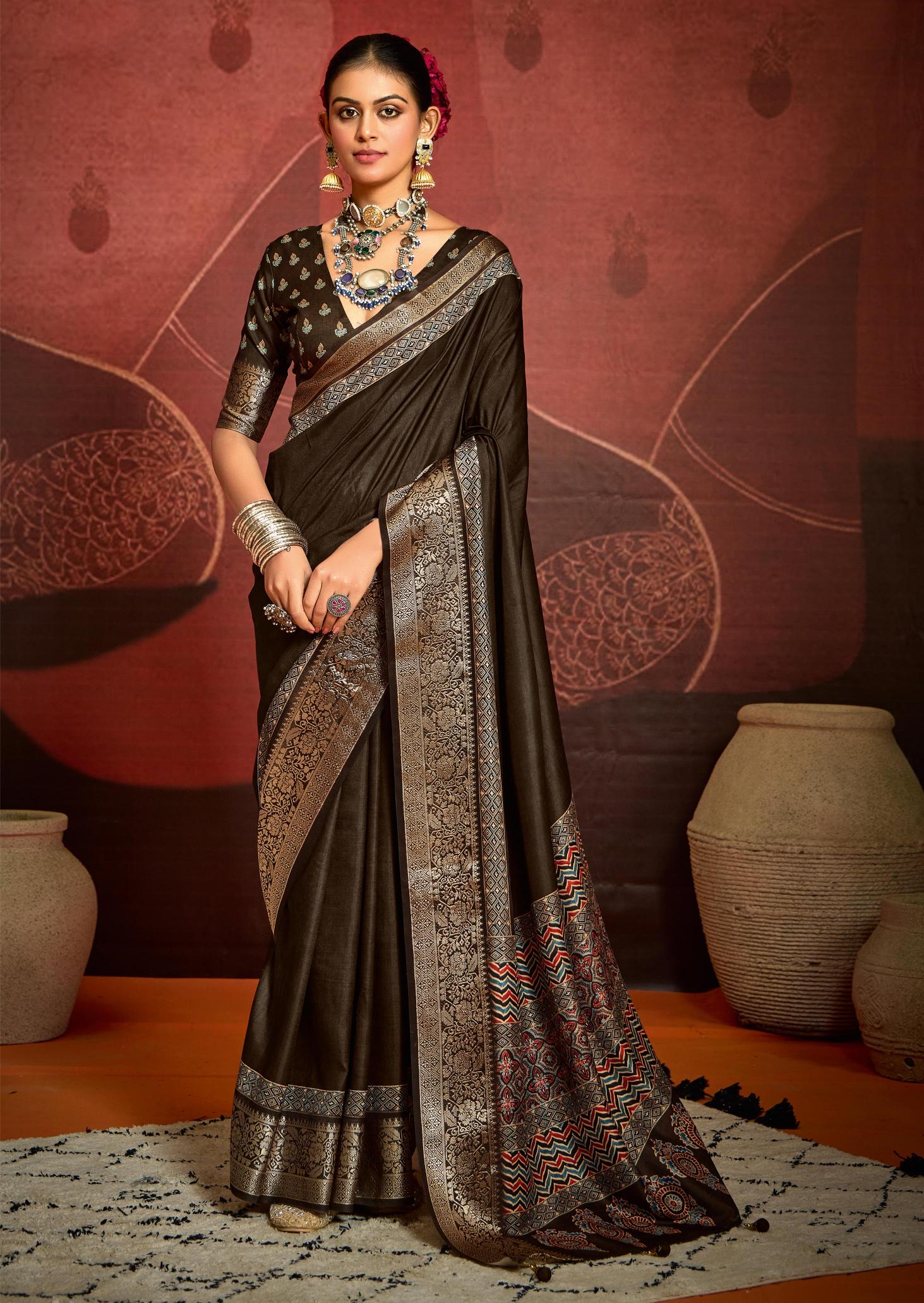 Brown Velvet Tusser Silk  Ajrakh Saree-INRA2002