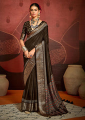 Brown Velvet Tusser Silk  Ajrakh Saree-INRA2002