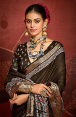 Brown Velvet Tusser Silk  Ajrakh Saree