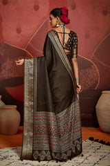 Brown Velvet Tusser Silk  Ajrakh Saree