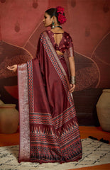 Maroon Velvet Tusser Silk  Ajrakh Saree