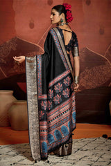 Black Velvet Tusser Silk  Ajrakh Saree