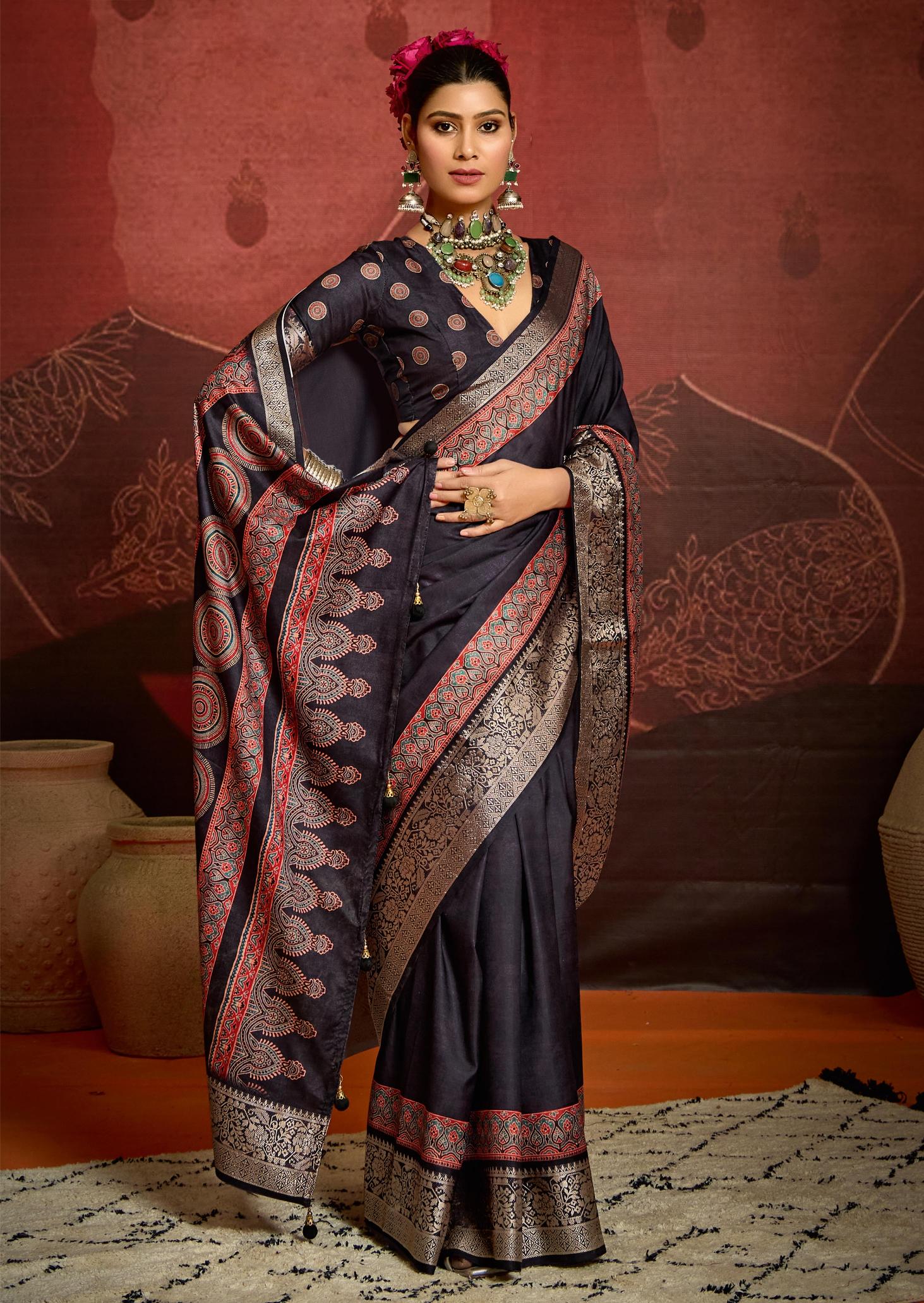 Purple Velvet Tusser Silk  Ajrakh Saree-INRA2006