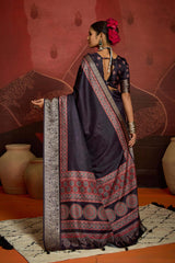 Purple Velvet Tusser Silk  Ajrakh Saree