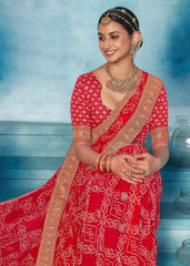 Red Weightless Bandhani Print Saree