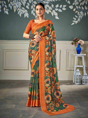 Olive Green Nylon Chiffon Golden Chiffon Saree-KRIT1001