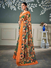 Olive Green Nylon Chiffon Golden Saree