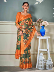 Olive Green Nylon Chiffon Golden Saree