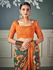 Olive Green Nylon Chiffon Golden Saree