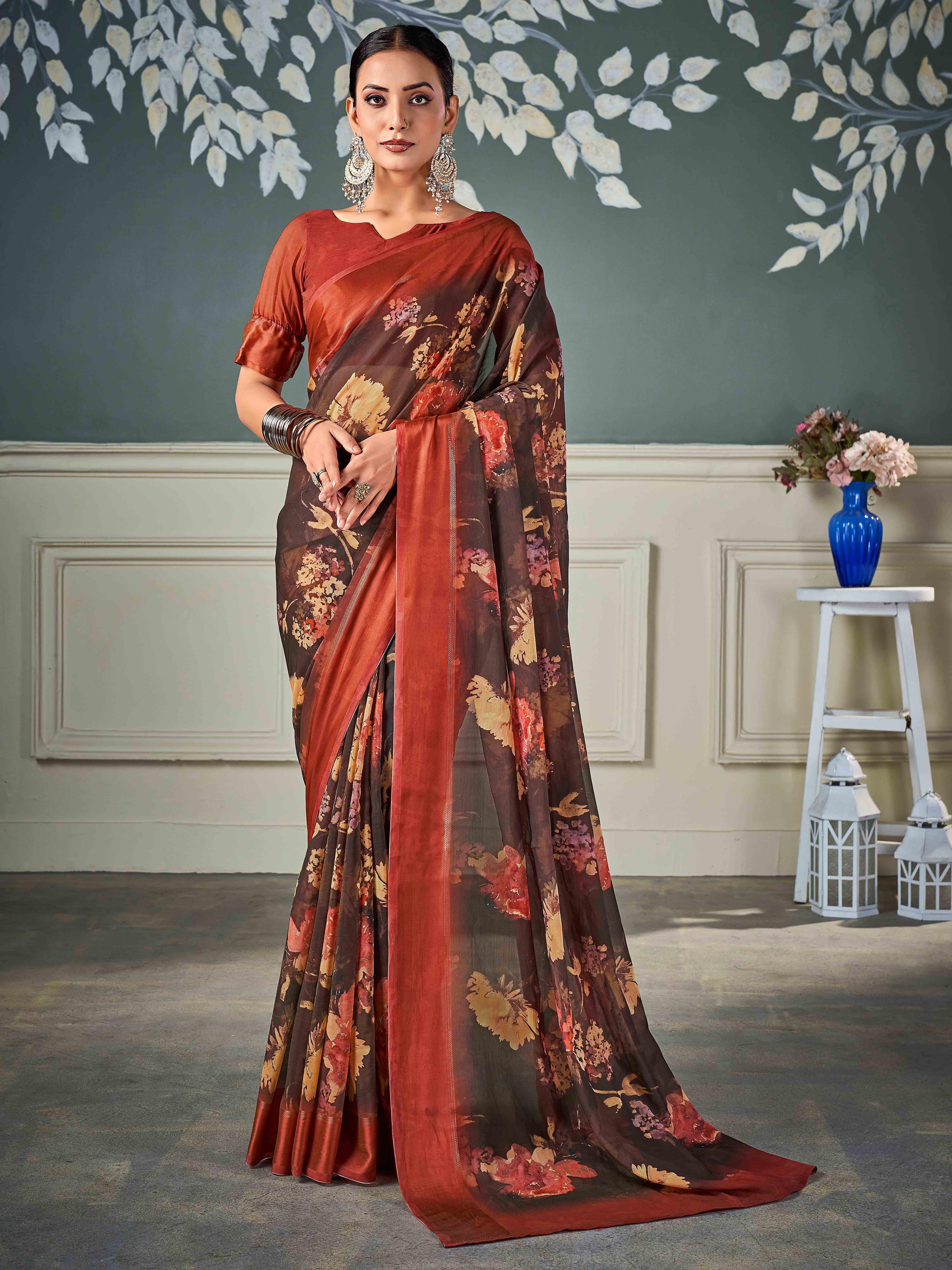 Brown Nylon Chiffon Golden Chiffon Saree-KRIT1002