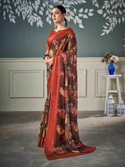 Brown Nylon Chiffon Golden Saree