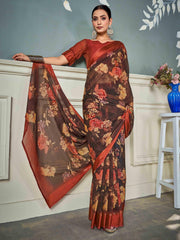 Brown Nylon Chiffon Golden Saree