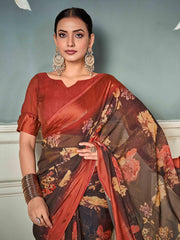 Brown Nylon Chiffon Golden Saree