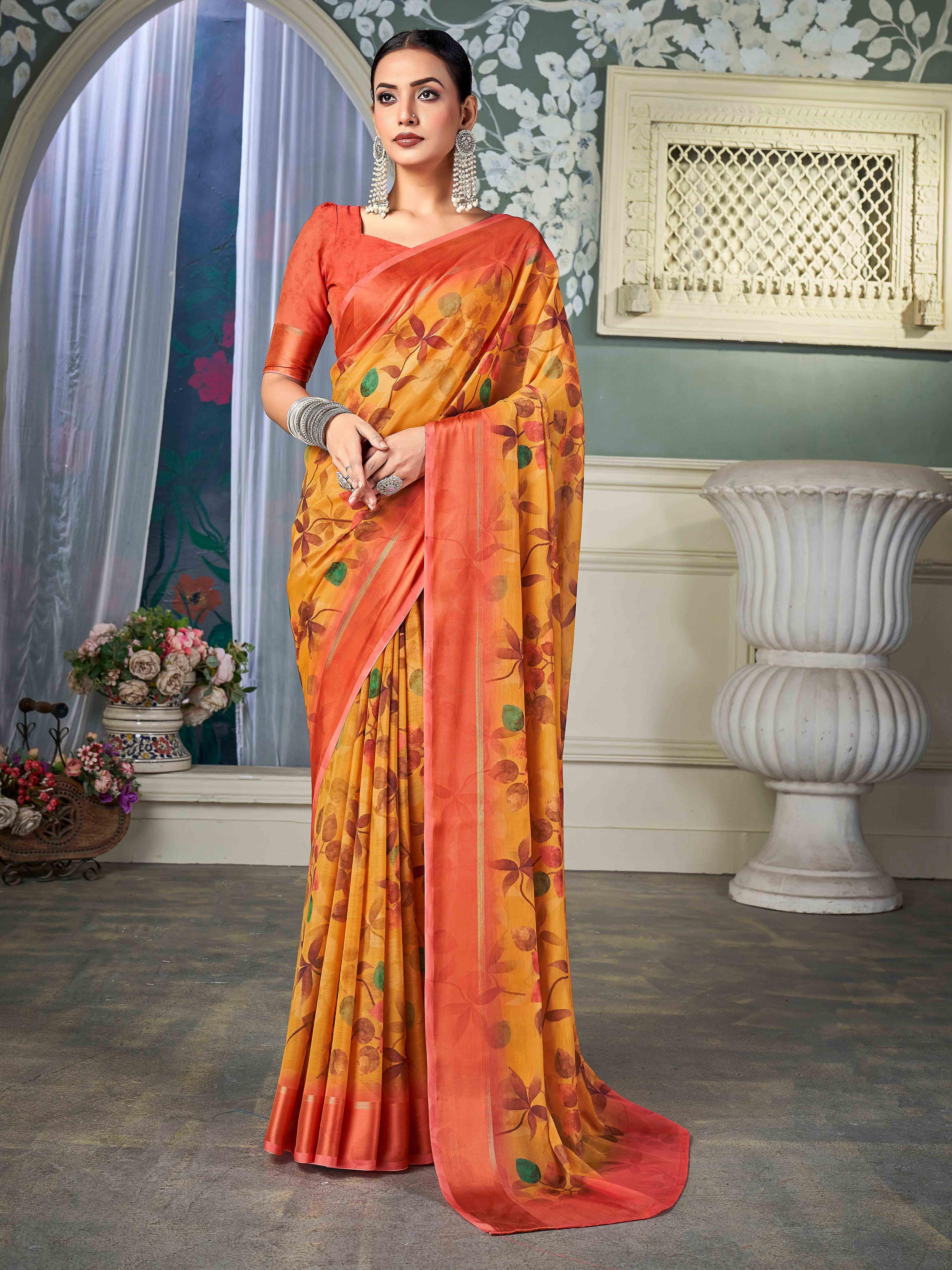Yellow Nylon Chiffon Golden Chiffon Saree-KRIT1009