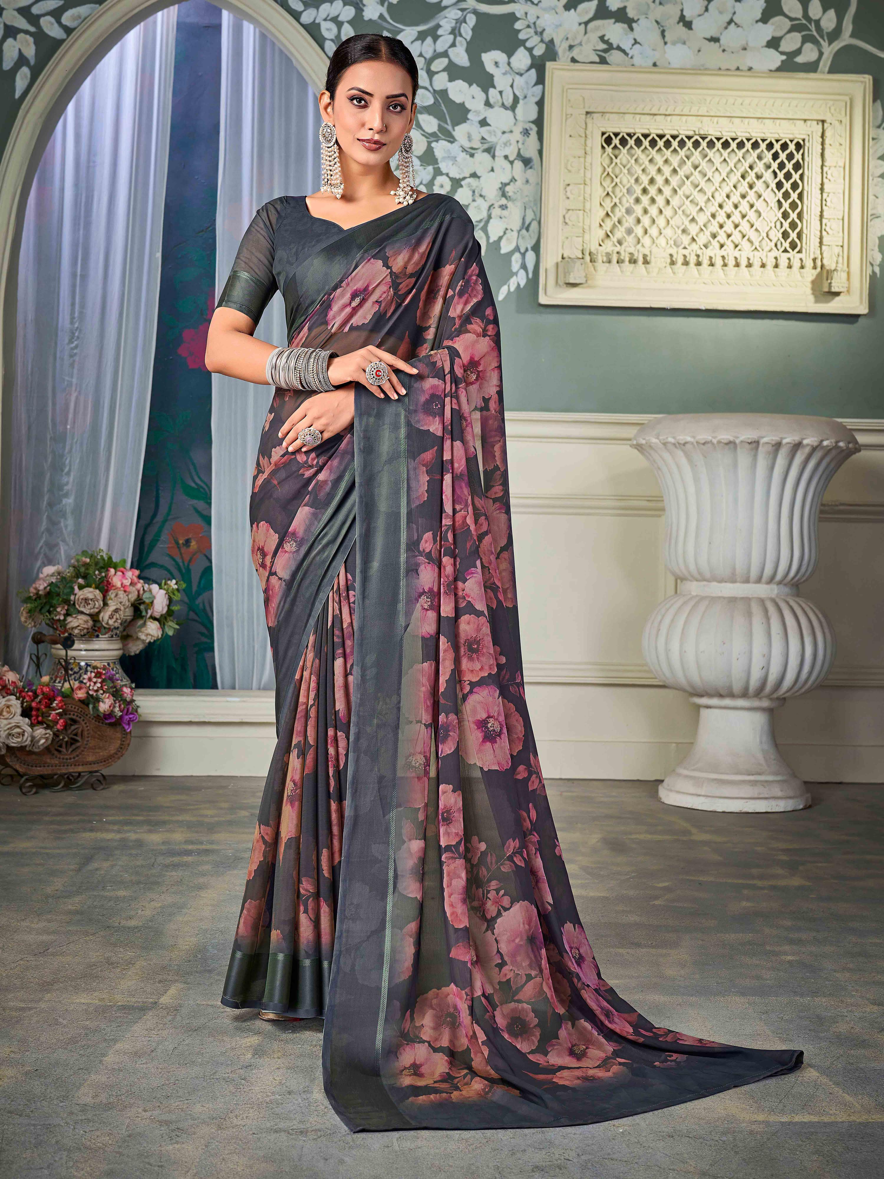 Grey Nylon Chiffon Golden Chiffon Saree-KRIT1012