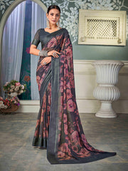 Grey Nylon Chiffon Golden Chiffon Saree-KRIT1012