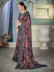 Grey Nylon Chiffon Golden Saree