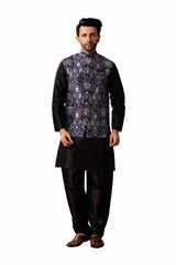 Ensemble pyjama Kurta en coton noir pour homme avec veste imprimée