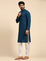 Ensemble de pyjama ChikanKari Kurta en coton rayonne bleu cyan pour hommes