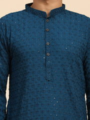 Ensemble de pyjama ChikanKari Kurta en coton rayonne bleu cyan pour hommes