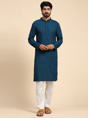 Ensemble de pyjama ChikanKari Kurta en coton rayonne bleu cyan pour hommes