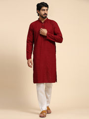 Ensemble de pyjama ChikanKari Kurta en coton rayonne marron pour hommes