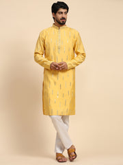 Ensemble pyjama Kurta en soie jaune effet miroir pour homme