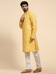 Ensemble pyjama Kurta en soie jaune effet miroir pour homme