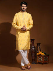Ensemble pyjama Kurta en soie jaune effet miroir pour homme