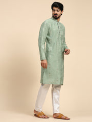 Ensemble pyjama Kurta en soie vert pastel pour homme