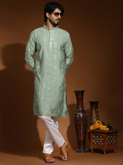 Ensemble pyjama Kurta en soie vert pastel pour homme
