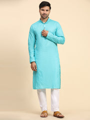 Ensemble pyjama Kurta en coton tissé bleu cyan pour homme