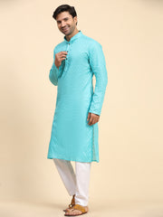 Ensemble pyjama Kurta en coton tissé bleu cyan pour homme