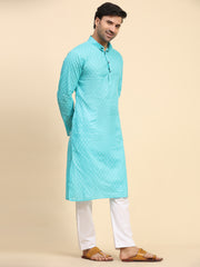 Ensemble pyjama Kurta en coton tissé bleu cyan pour homme