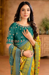 Yellow Silk Blend Position Brasso with Foil Saree