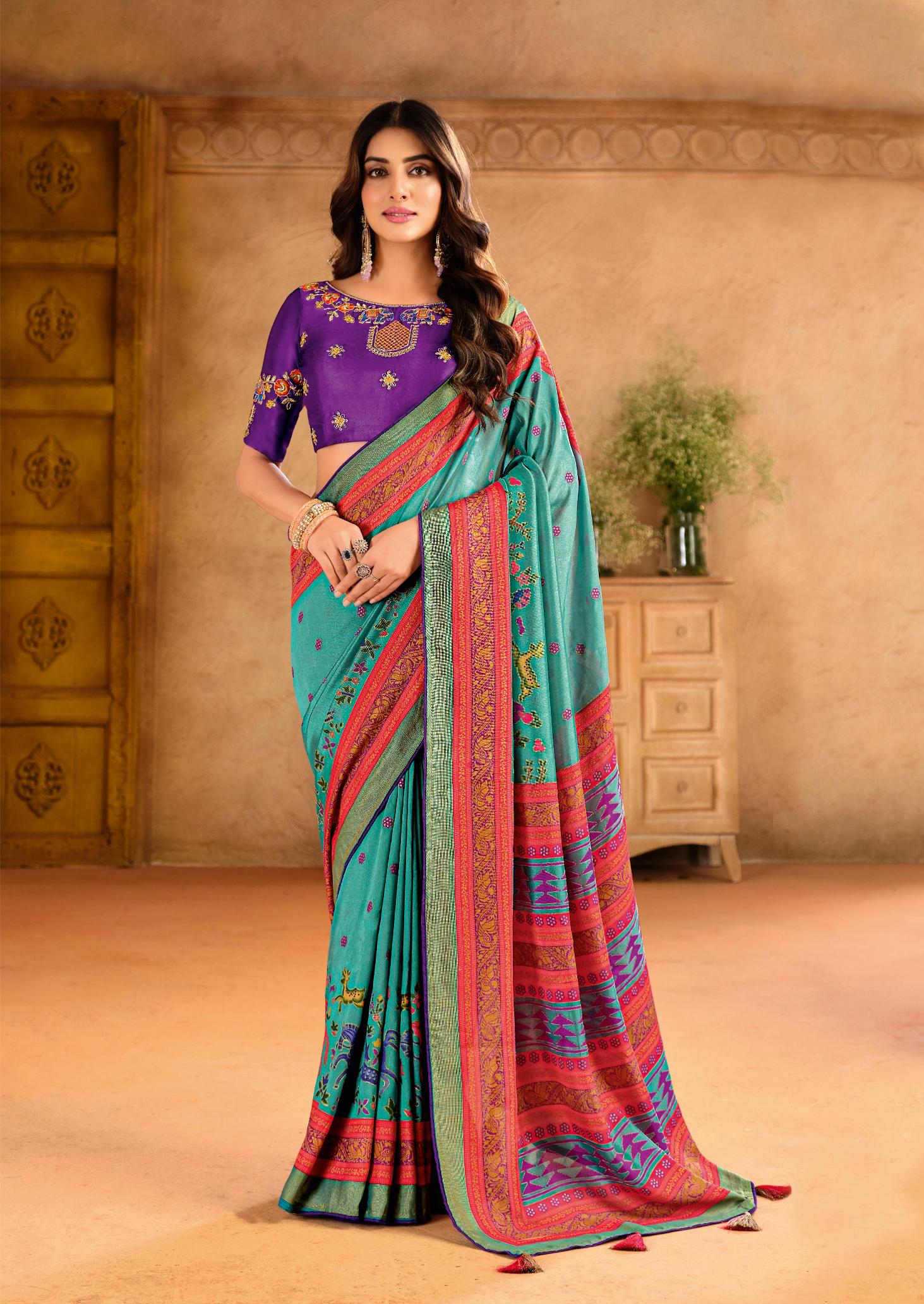 Sea Green Silk Blend Position Brasso with Foil Saree-PRTA1003