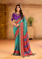 Sea Green Silk Blend Position Brasso with Foil Saree-PRTA1003