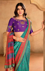 Sea Green Silk Blend Position Brasso with Foil Saree