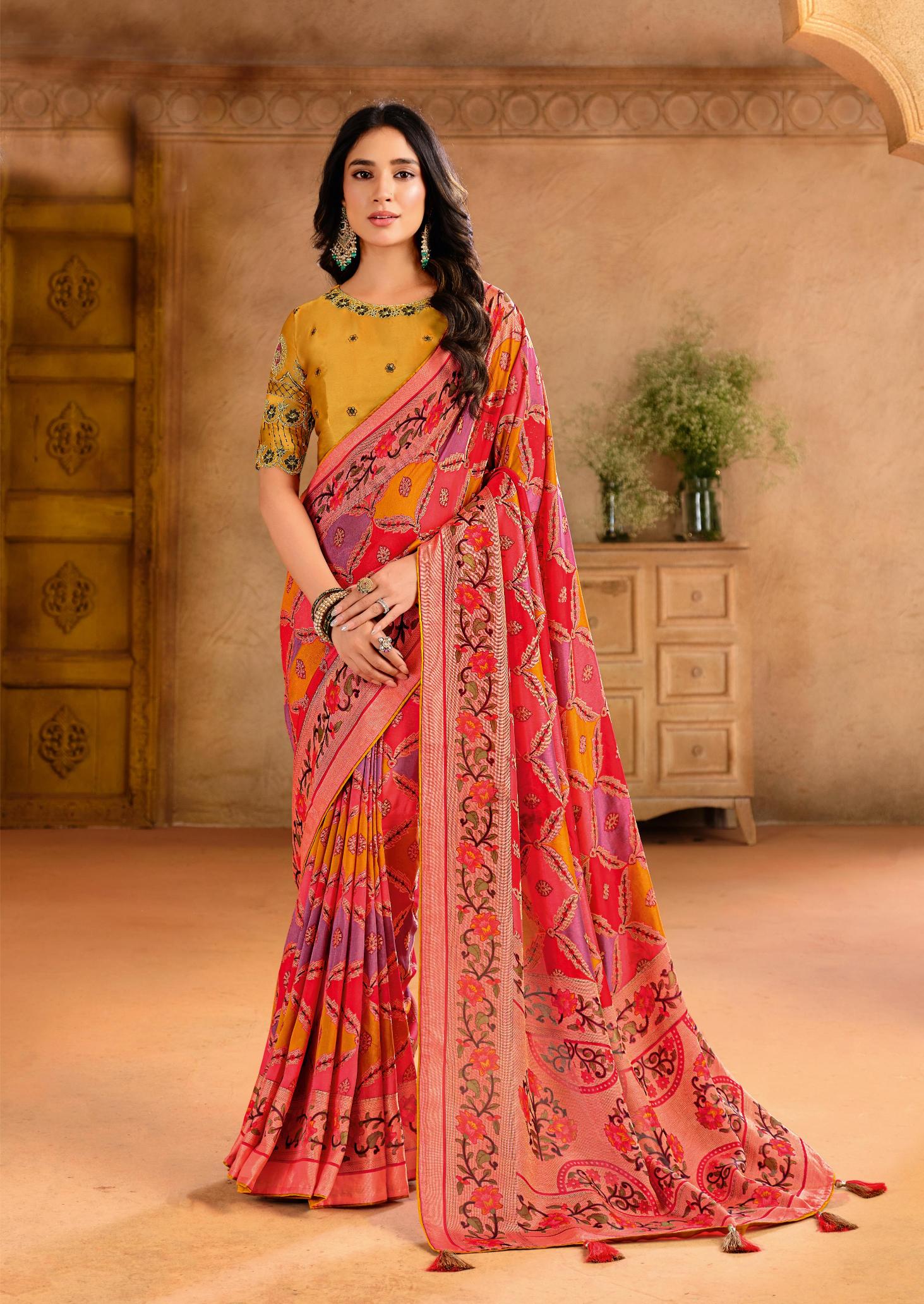 Orange Silk Blend Position Brasso with Foil Saree-PRTA1004